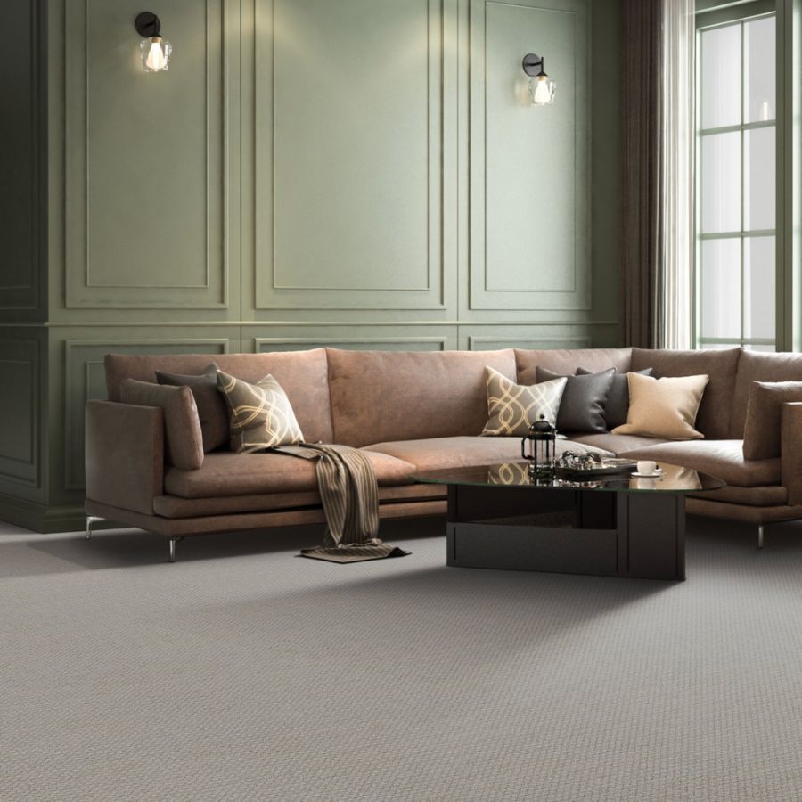 carpet remodel in living room with beige carpets and brown couch