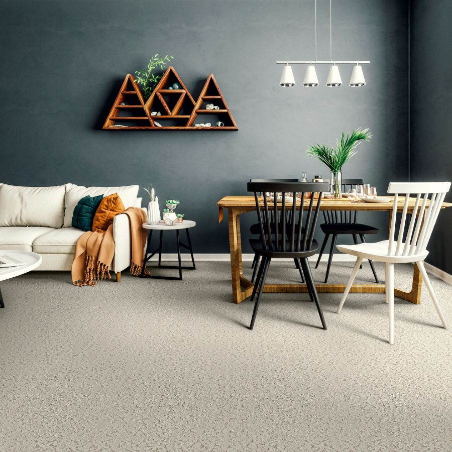 beige carpets in a living and dining area