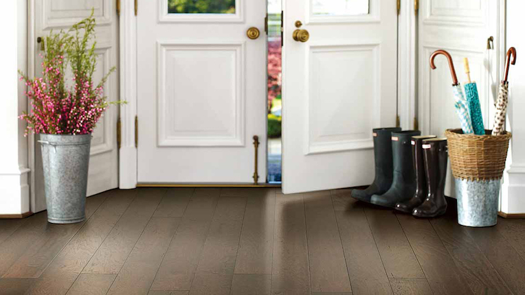 dark stained luxury vinyl plank flooring in a entryway